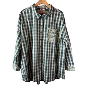 Isaac Mizrahi Live Plaid Button Down Shirt 20W Green White Floral Pocket